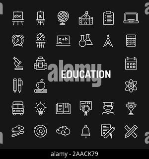 Simple white line icons isolated over black background related to stationery, education and school activities. Vector signs and symbols collections fo Stock Vector