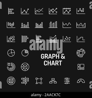 Simple white line icons isolated over black background related to graphs, diagrams and charts. Vector signs and symbols collections for website and de Stock Vector