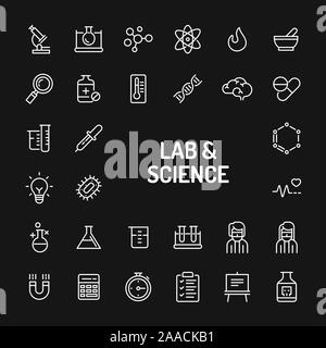Simple white line icons isolated over black background related to science research, Laboratory experiments and equipments. Vector signs and symbols co Stock Vector