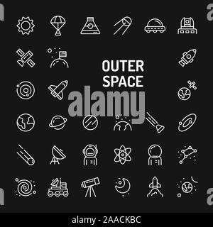 Simple white line icons isolated over black background related to planets, galaxy, solar system and space vehicles. Vector signs and symbols collectio Stock Vector