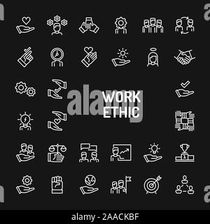 Simple white line icons isolated over black background related to work ethics; Teamwork, morality, proficiency, optimism and empathy. Vector signs and Stock Vector