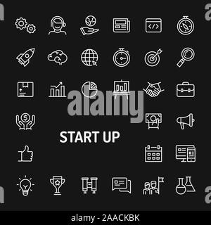 Simple white line icons isolated over black background related to start up business and company. Vector signs and symbols collections for website and Stock Vector