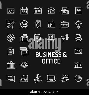 Simple white line icons isolated over black background related to business & Office. Vector signs and symbols collections for website and design templ Stock Vector