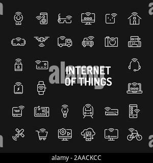 Simple white line icons isolated over black background related to internet of things (IoT). Vector signs and symbols collections for website and desig Stock Vector
