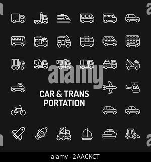 Simple white line icons isolated over black background related to cars & transportations. Vector signs and symbols collections for website and design
