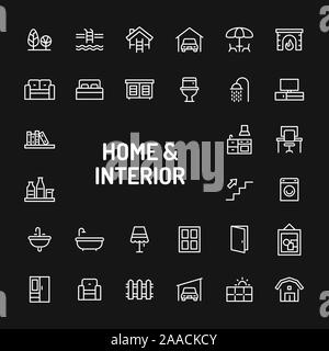 Simple white line icons isolated over black background related to home, living, interiors & furnitures. Vector signs and symbols collections for websi Stock Vector