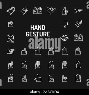 Simple white line icons isolated over black background related to hand gestures and actions. Vector signs and symbols collections for website and desi Stock Vector