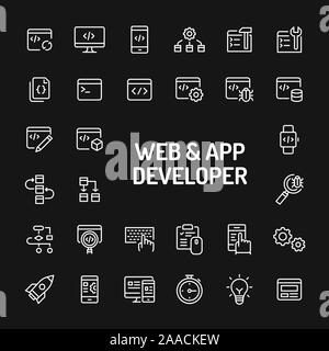 Simple white line icons isolated over black background related to website and app developer. Vector signs and symbols collections for website and desi Stock Vector