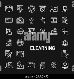 Simple white line icons isolated over black background related to Electronic media learning & online training. Vector signs and symbols collections fo Stock Vector