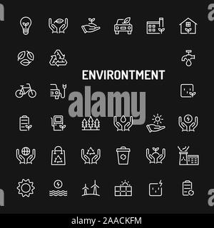 Simple white line icons isolated over black background related to eco-friendly environment. Vector signs and symbols collections for website and desig Stock Vector