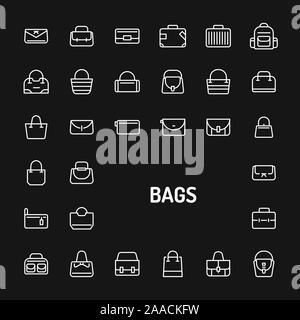 Simple white line icons isolated over black background related to bags, pouches and suitcase for fashion. Vector signs and symbols collections for web Stock Vector