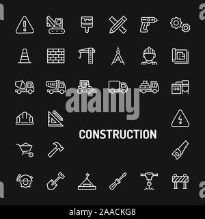 Simple white line icons isolated over black background related to buildings and constructions. Vector signs and symbols collections for website and de Stock Vector