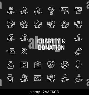 Simple white line icons isolated over black background related to charity & donation. Vector signs and symbols collections for website and design temp Stock Vector