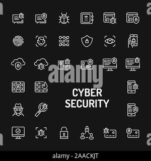 Simple white line icons isolated over black background related to cyberspaces and digital security. Vector signs and symbols collections for website a Stock Vector