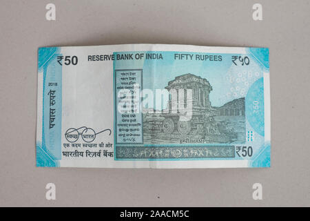 Back of new Indian 50 Rupee note on plain background Stock Photo