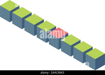 3d three dimensional cubes in one line with one cube different. 3D shake. Stock Vector illustration isolated on white background. Stock Vector