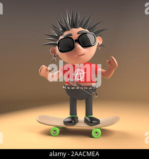 Cartoon 3d punk rocker with spiky hair on his skateboard, 3d illustration render Stock Photo