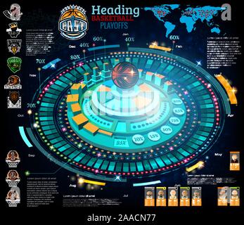 Abstract basketball infographic in computer game style. Vector blue background with information, chart, diagrams Stock Vector