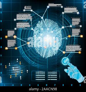 abstract fingerprinting infographic with robotic hand poiner info and fingerprint Stock Vector