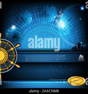 earth in night sky background with ship gold wheel and compass Stock Vector