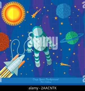 flat space background with planets stars spaceman and rocket Stock Vector