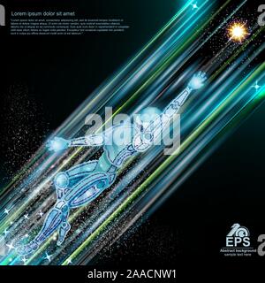 Cyborg robot flying with light trails and motion blur on space background Stock Vector