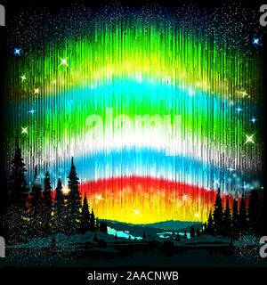 northern lights abstract background with skyline and forest silhouette Stock Vector