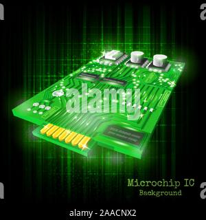 background with realistic 3d microchip on black green shining Stock Vector