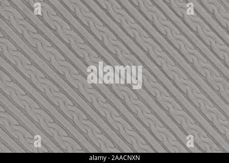 Knitwear Fabric Texture with Pigtails and stripes. Repeating Machine Knitting Texture of Sweater. Gray Knitted Background. Diagonal composition. Stock Photo