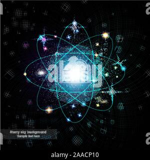 dark background with shinny orbits in space with stars and galaxy in it Stock Vector