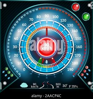 car round abstract shiny speedometer with arrow indicators fuel road weather temperature Stock Vector