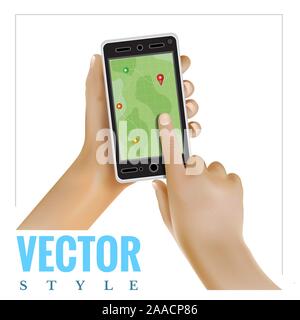 Realistic hand holding mobile phone and finger touch on screen with landscape and map Stock Vector