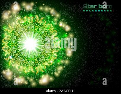 Star born in space with starry sky green background Stock Vector