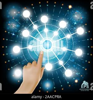 Virtual high tech construction or graphic and realistic hand push the button in the middle Stock Vector