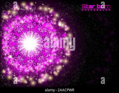 Violet star born in space with starry sky background Stock Vector