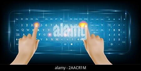 Virtual shiny computer pc keyboard or keypad with two realistic hands on blue background Stock Vector