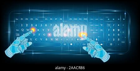 virtual shiny computer pc keyboard or keypad with two abstract hand pointer on blue background.dialing Stock Vector