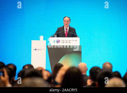 Beijing, China. 21st Nov, 2019. Chinese Vice President Wang Qishan addresses the opening ceremony of the 2019 New Economy Forum in Beijing, capital of China, Nov. 21, 2019. Credit: Zhai Jianlan/Xinhua/Alamy Live News