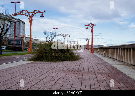 Coruna / Spain - November 20 2019: Tree branches in a pile waiting to be cleared after storms on a pavement in Coruna Spain Stock Photo