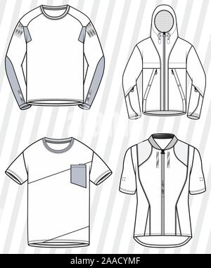 Sports wear vector set. Clothing templates,textile mockup illustration. T-shirt, trousers, shorts. Stock Vector