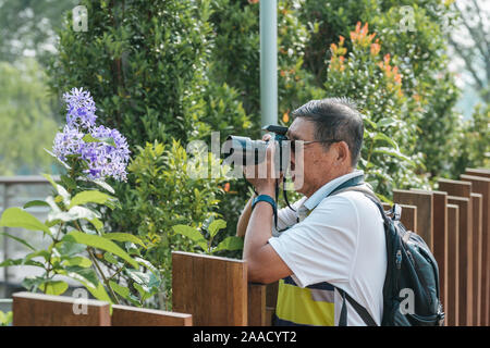 Asian Chinese mature male taking outdoor photographs with digital DSLR camera. Enjoying retired life. Stock Photo