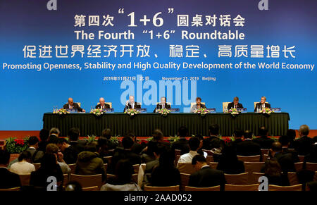 Beijing, China. 21st Nov 2019. (L-R) Secretary-General Angel Gurria of the Organization for Economic Cooperation and Development (OECD), Deputy-Director Alan Wolff for the World Trade Organization (WTO), World Bank President David Malpass, Chinese Premier Li Keqiang, International Monetary Fund (IMF) Managing Director Kristalina Georgieva, International Labor Organization (ILO) Director-General Guy Ryder and Financial Stability Board (FSB) Chairman Randal Quarles address the media during the Fourth '1 6' Round Table Dialogue in Beijing. Credit: UPI/Alamy Live News Stock Photo