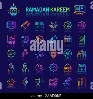 Simple gradient color icons isolated over dark background related to islamic & ramadan. Vector signs and symbols collections for website and app. Stock Vector