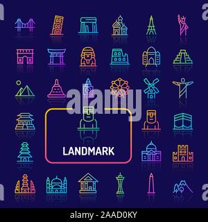 Simple gradient color icons isolated over dark background related to world's famous landmark and buildings. Vector signs and symbols collections for w Stock Vector