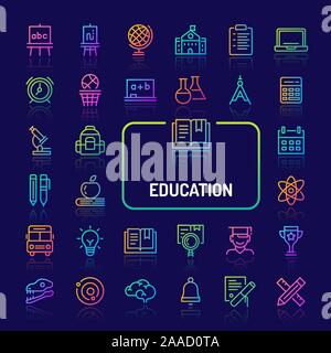 Simple gradient color icons isolated over dark background related to stationery, education and school activities. Vector signs and symbols collections Stock Vector