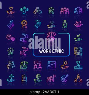 Simple gradient color icons isolated over dark background related to work ethics; Teamwork, morality, proficiency, optimism and empathy. Vector signs Stock Vector