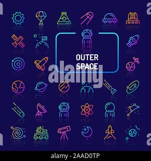 Simple gradient color icons isolated over dark background related to planets, galaxy, solar system and space vehicles. Vector signs and symbols collec Stock Vector