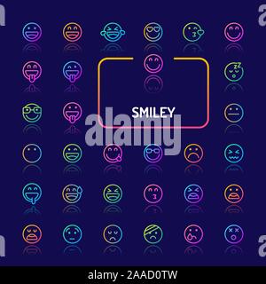 Simple gradient color icons isolated over dark background related to smiley faces and emoticons. Vector signs and symbols collections for website and Stock Vector