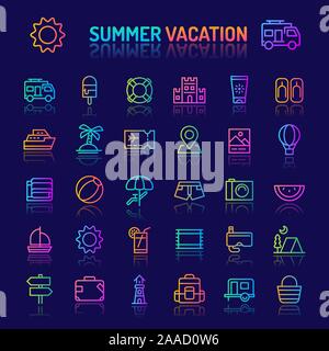 Simple gradient color icons isolated over dark background related to summer vacation and beach. Vector signs and symbols collections for website and a Stock Vector