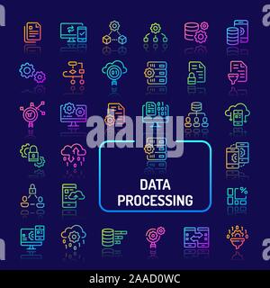 Simple gradient color icons isolated over dark background related to data processing, manipulation, conversion and filtration. Vector signs and symbol Stock Vector